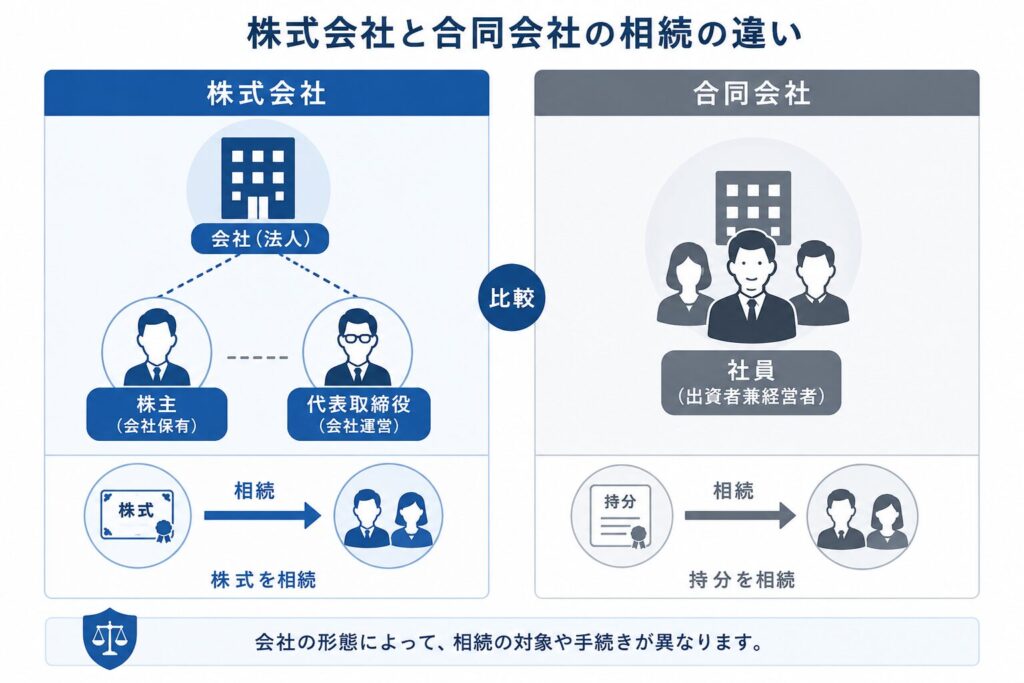 株式会社と合同会社の相続の違いを比較した図。株式会社は株主(所有)と代表取締役(経営)が分離しており、株式を相続しても経営は直結しない。一方、合同会社は社員(出資者兼経営者)が一体で、持分の相続が経営にも影響する。