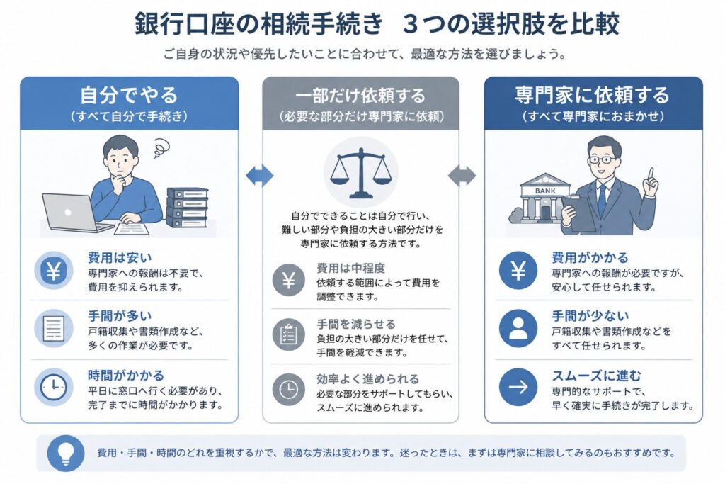銀行口座の相続手続きを、自分でやる場合・一部だけ専門家に依頼する場合・すべて専門家に依頼する場合の違いを比較した図。費用・手間・時間の観点で整理している