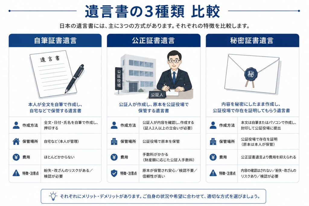 日本の遺言書3種類を比較したカード型インフォグラフィック。左から「自筆証書遺言」は手書きの遺言書とペン、「公正証書遺言」は公証役場と公証人、「秘密証書遺言」は封印された封筒のアイコンで表現。それぞれの作成方法・保管場所・費用・特徴を比較している。白背景に青とグレーを基調とした法律系メディア向けデザイン。