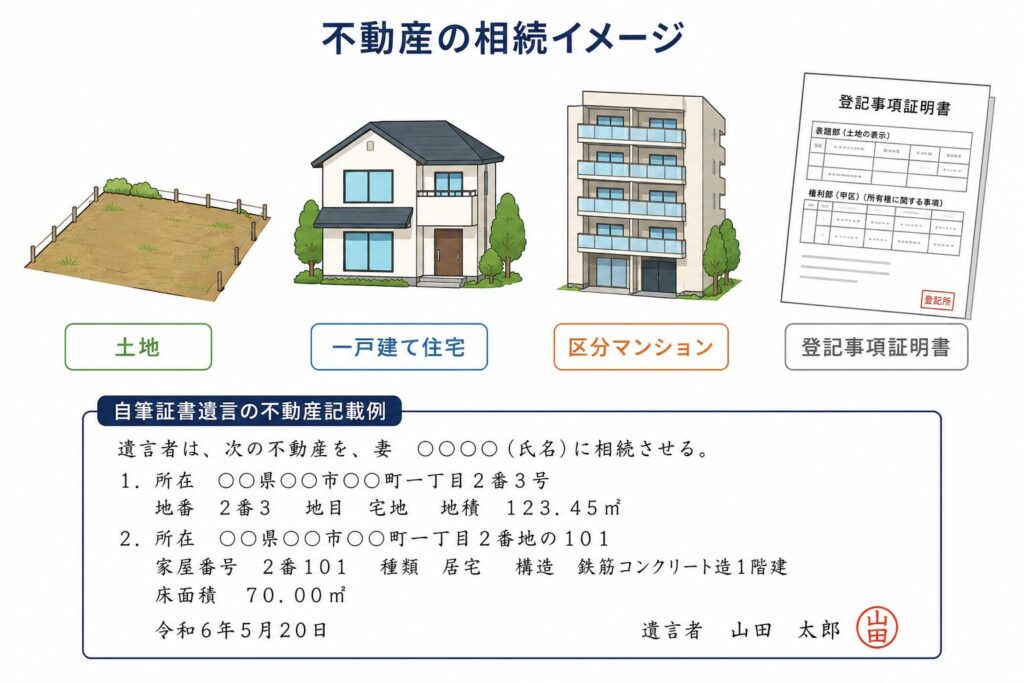 土地、一戸建て住宅、区分マンション、登記事項証明書を並べ、不動産相続と自筆証書遺言の記載例を分かりやすく説明したイラスト。