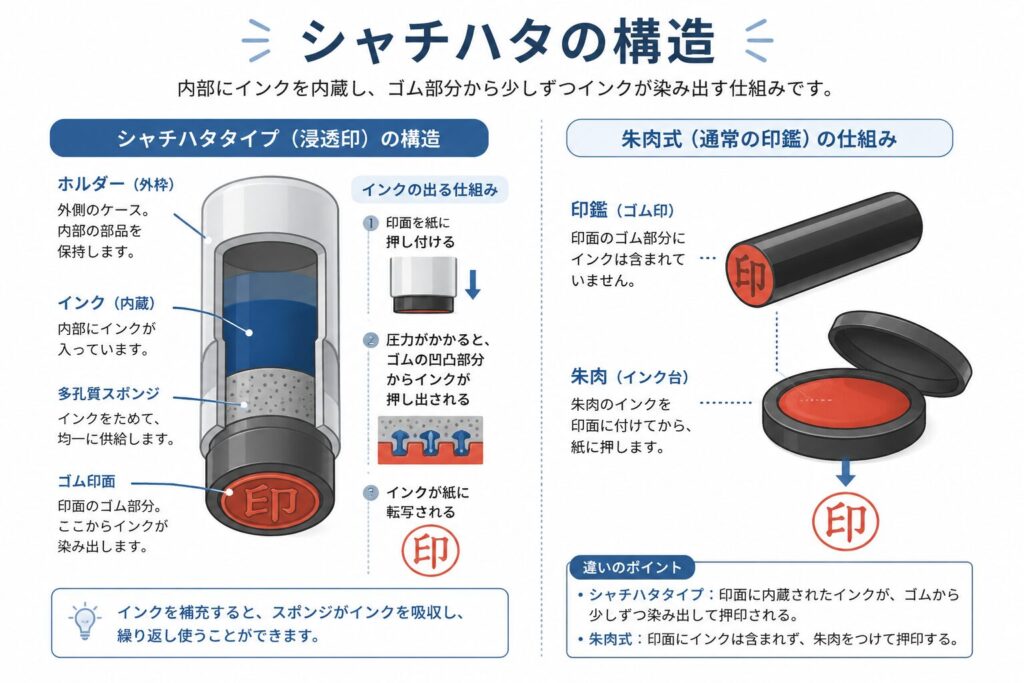 シャチハタ印鑑の内部構造を説明した図解。内部インク・スポンジ・ゴム印面の構造と、インクが染み出す仕組みを断面図で示し、通常の朱肉式印鑑との違いも比較している。