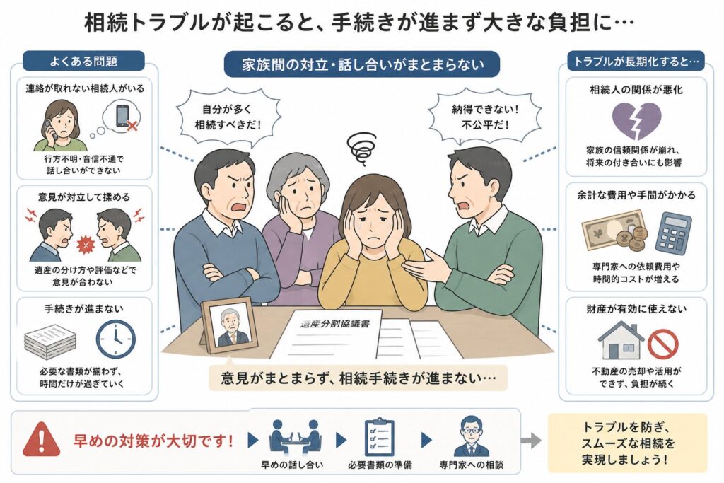 相続トラブルで家族が対立し、話し合いがまとまらず困っている様子と、連絡が取れない・意見が対立する・手続きが進まない問題を示した図解
