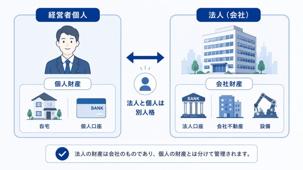 経営者個人と法人(会社)が別人格であることを示す図解。個人財産(自宅・個人口座)と会社財産(法人口座・不動産・設備)が分けて管理される構造を表現。