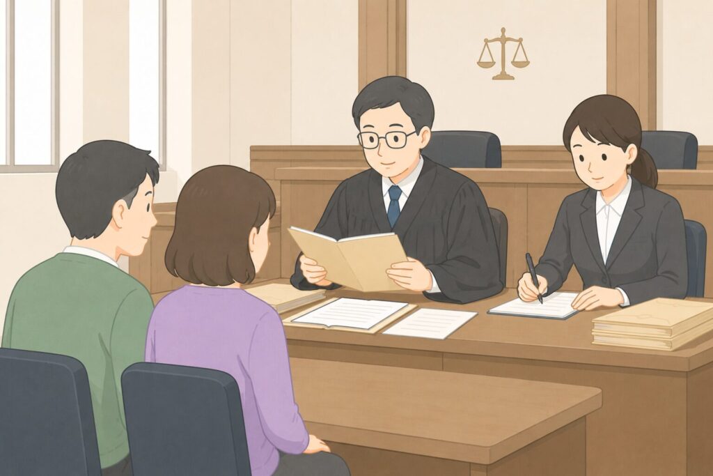 家庭裁判所で裁判官と書記官が遺言書を確認し、相続人が立ち会っている検認手続のイメージイラスト。