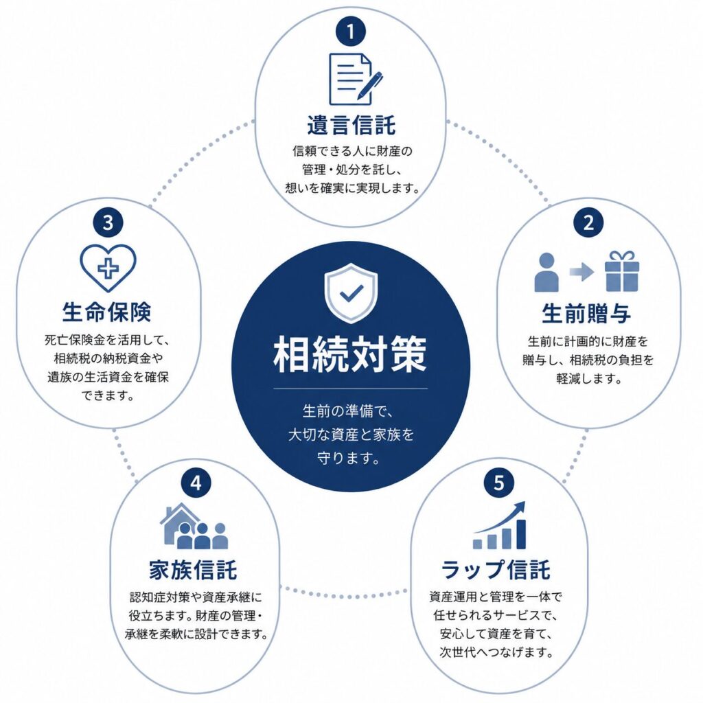生前にできる相続対策を整理したインフォグラフィック。中央に「相続対策」を配置し、その周囲に「遺言信託」「生前贈与」「生命保険」「家族信託」「ラップ信託」が円形に並んでいる。各項目にはシンプルなアイコンが付いており、ネイビー・ブルー・グレーを基調にした士業サイト風デザイン。