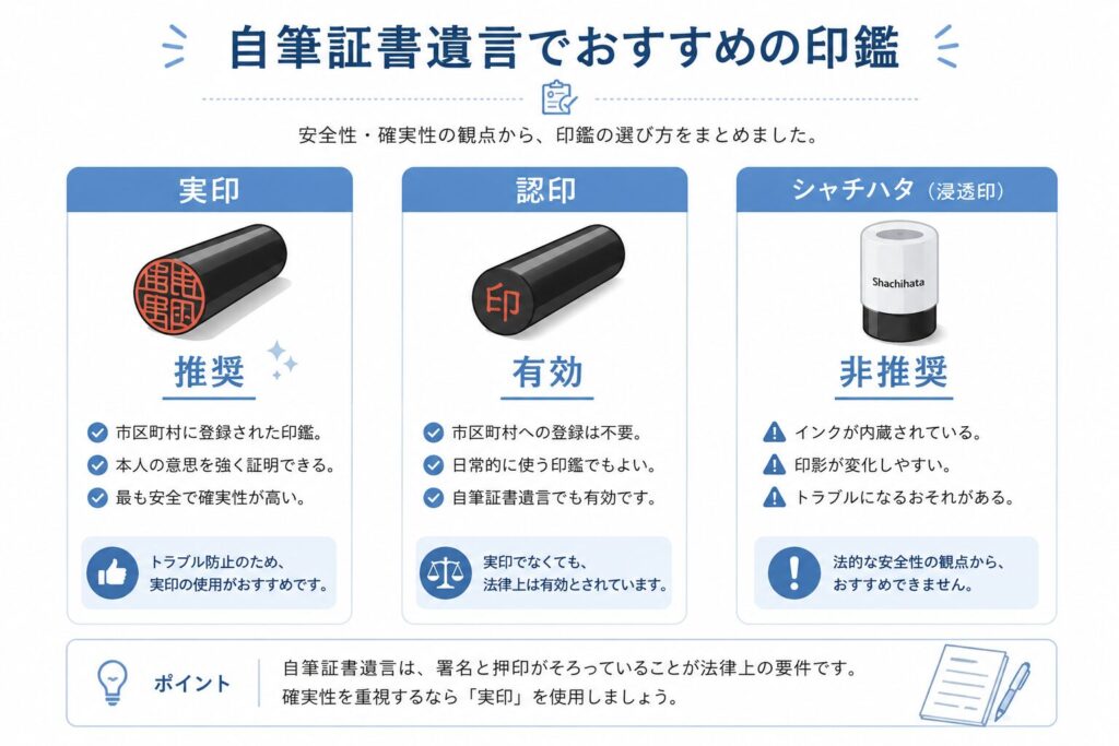 自筆証書遺言で使う印鑑を比較した図解。実印は「推奨」、認印は「有効」、シャチハタは「非推奨」として、それぞれの特徴をシンプルに整理している。