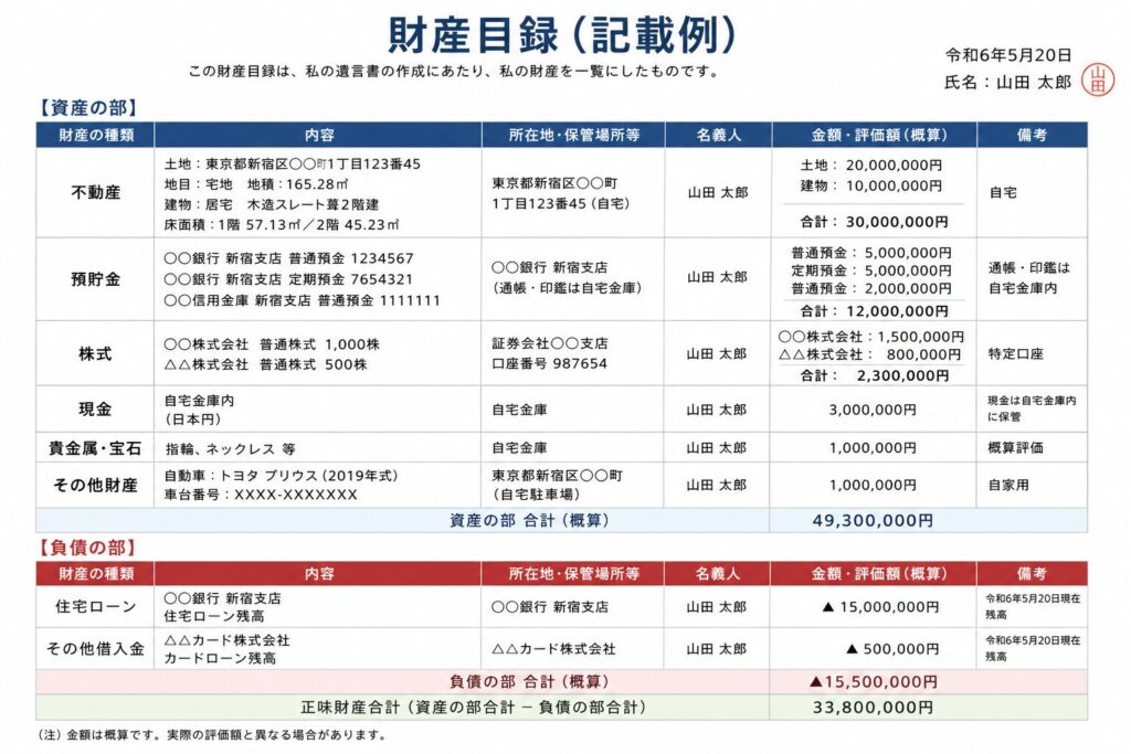遺言書に添付する財産目録の記載例サンプル。不動産、預貯金、株式、現金、貴金属、住宅ローンなどの資産・負債が表形式で整理され、所在地、名義人、評価額などが日本語で分かりやすく記載されている。