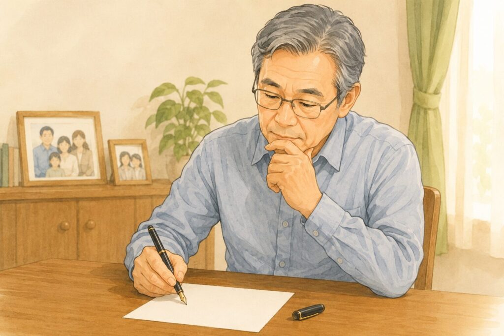 遺言書を書こうとしている日本人の高齢男性が、木製テーブルで万年筆を持ちながら静かに考えているイラスト。背景には家族写真が飾られ、落ち着いた家庭の雰囲気が描かれている。