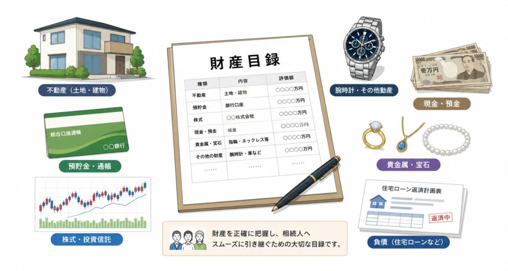 遺言書の「財産目録」をテーマにした図解イラスト。中央に財産目録の書類があり、不動産、預貯金、株式、高級腕時計、現金、貴金属、住宅ローンなどの財産・負債がアイコン付きで整理されている。
