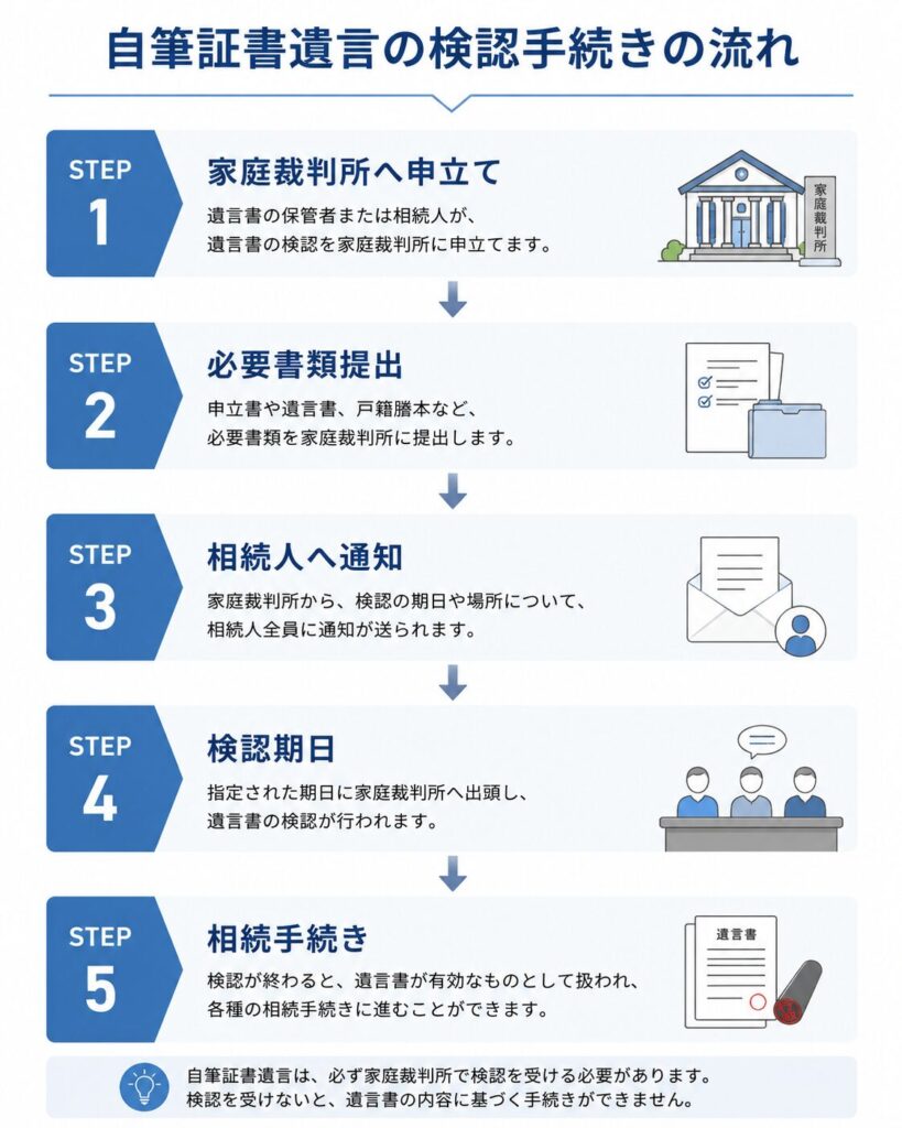 自筆証書遺言の検認手続きの流れを、5つのステップで整理したフローチャート図解。家庭裁判所への申立てから必要書類提出、相続人への通知、検認期日、相続手続きまでの流れを、矢印とアイコン付きでわかりやすく説明している。