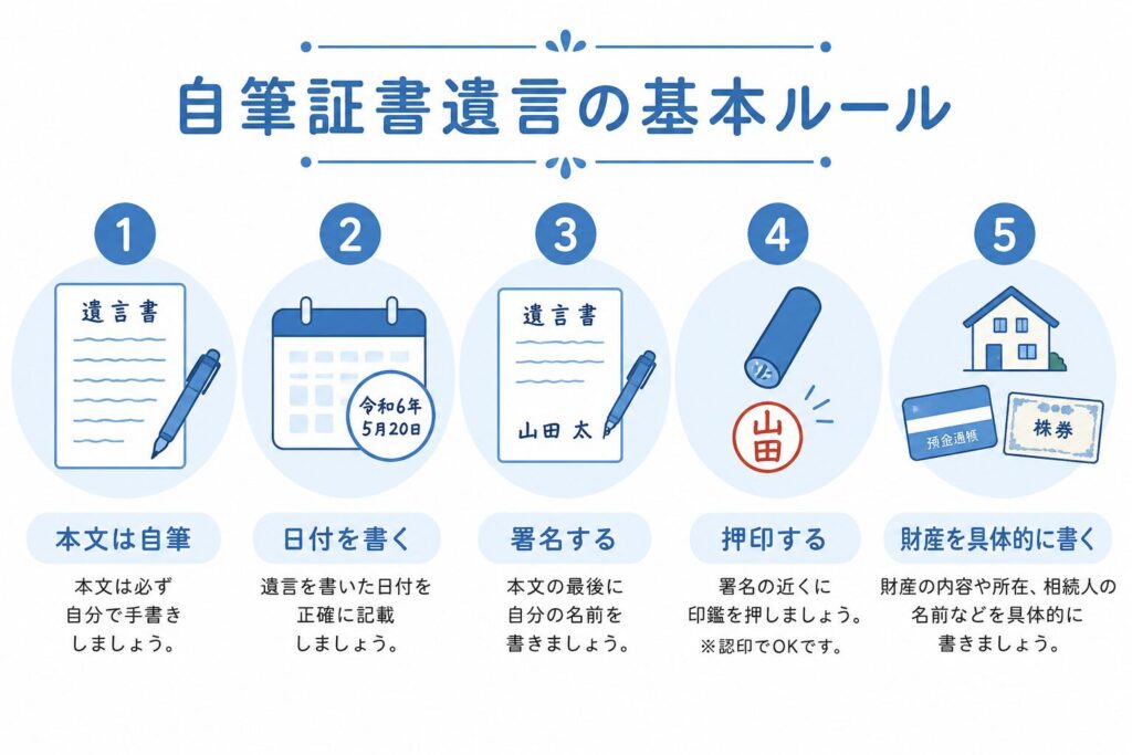 自筆証書遺言の基本ルールを5項目で整理した日本向け図解。本文を自筆で書く、日付を書く、署名する、押印する、財産を具体的に書く、という要件をアイコン付きでわかりやすく説明している。