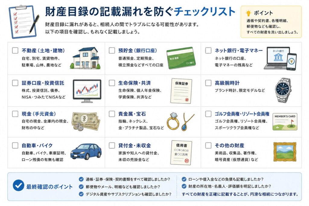 財産目録の記載漏れを防ぐためのチェックリスト形式の図解。不動産、預貯金、ネット銀行、証券口座、高級腕時計、現金、貴金属、ゴルフ会員権、自動車などの財産項目がチェックボックス付きで整理されている。