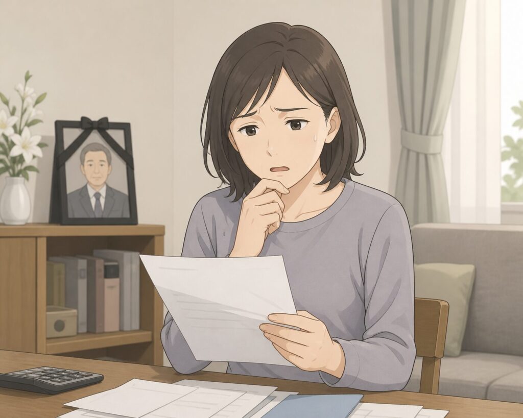 夫の死亡後、借金の請求書を見て不安そうにする日本人女性のイラスト。相続と借金問題に悩む様子。