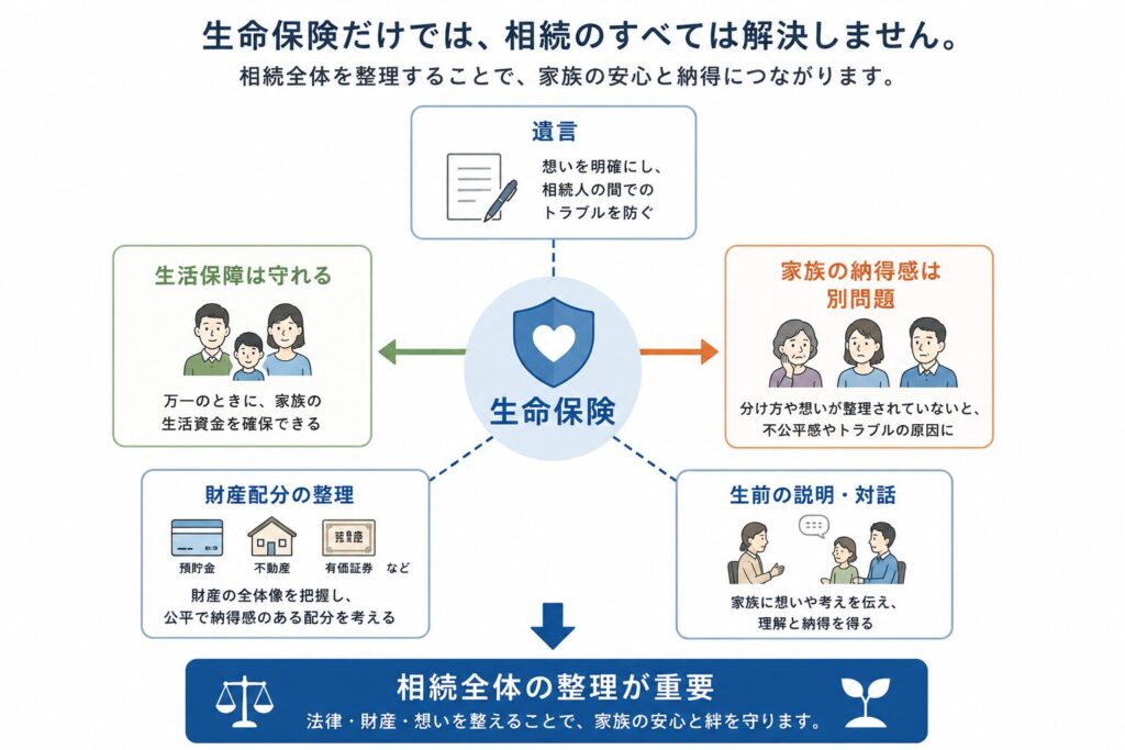 生命保険だけでなく遺言や財産配分、生前説明を含めた相続全体の整理の重要性を示した図解