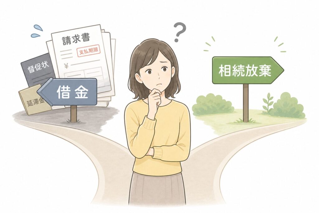 借金と相続放棄の選択に悩む女性を描いたイラスト