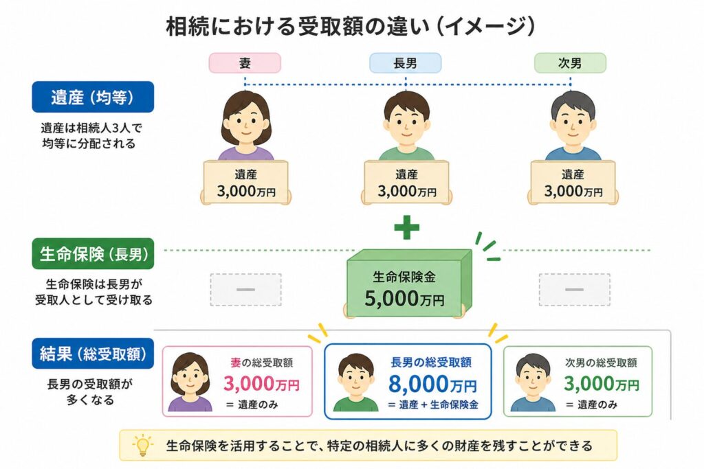 相続における受取額の違いを示す図解。遺産は妻・長男・次男で均等に分配されている一方、長男のみ生命保険金を追加で受け取り、総額が多くなる様子を比較している