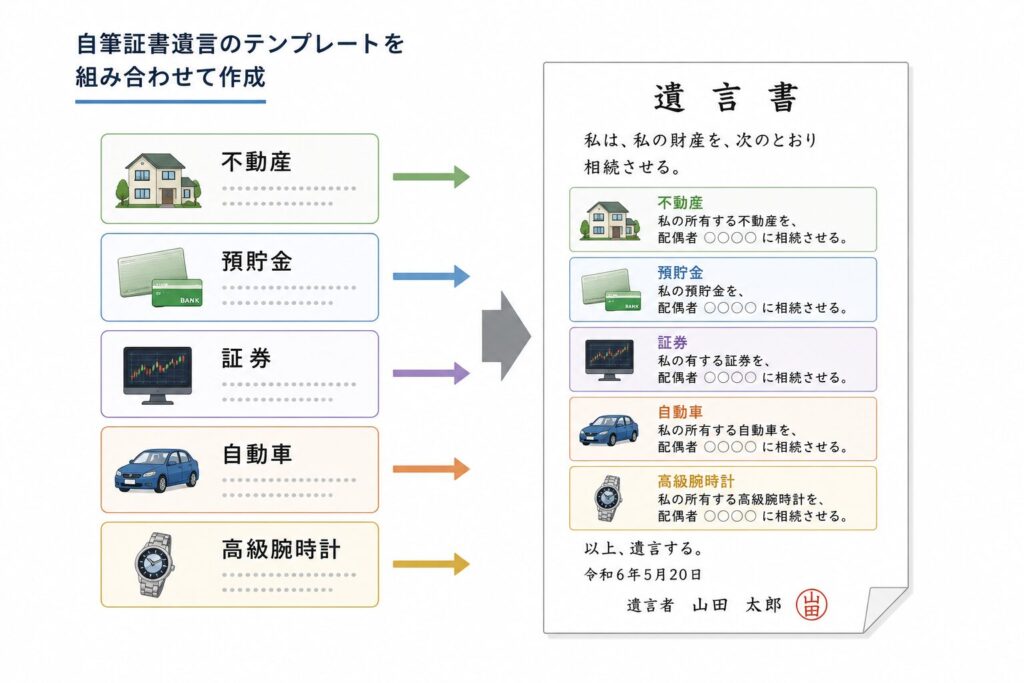 不動産、預貯金、証券、自動車、高級腕時計などの財産項目カードを組み合わせて、自筆証書遺言を作成している様子を表現したイラスト。
