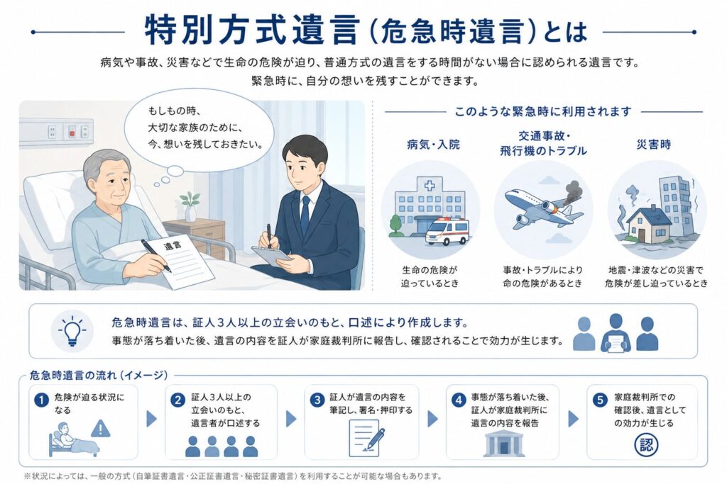日本の「特別方式遺言(危急時遺言)」を説明するインフォグラフィック。病院のベッドで遺言を残す高齢者と立ち会う人物を中心に、右側に「病気・入院」「飛行機トラブル」「災害時」の緊急状況をアイコン付きで表示。下部には、証人立会いから家庭裁判所確認までの流れを5ステップで整理している。白背景に青系カラーを使用した法律メディア向けデザイン。