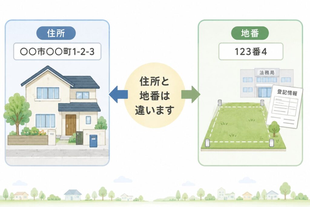 「住所」と「地番」の違いを説明する図解。左側に郵便住所が表示された住宅、右側に法務局の登記情報と土地図が描かれ、住所と地番が異なる概念であることを比較している。