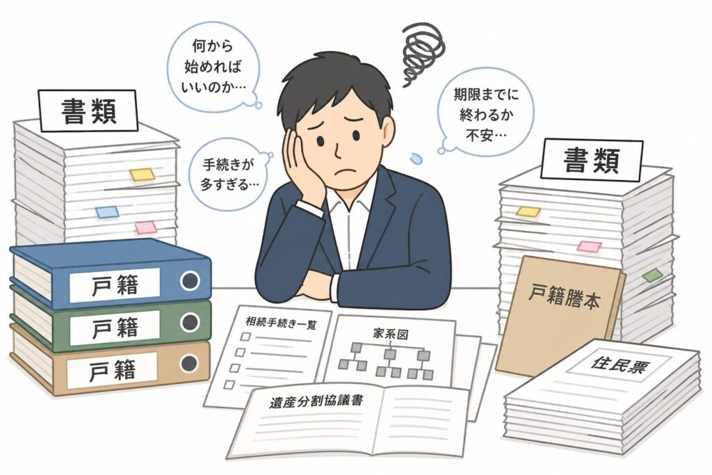 相続手続きで必要な書類や戸籍に囲まれて困っている人物のイラスト。大量の書類に悩む様子を表現