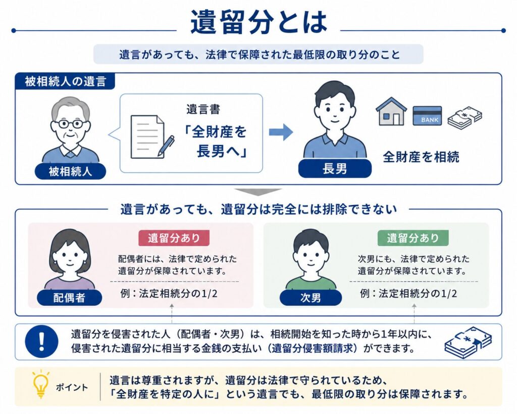 「遺留分」を解説する日本向け相続インフォグラフィック。被相続人が「全財産を長男へ」と遺言している一方で、配偶者と次男にも「遺留分あり」と表示されている。遺言があっても、一定の相続人には最低限の取り分が法律で保障されていることを、家族アイコンや相続矢印でわかりやすく図解している。