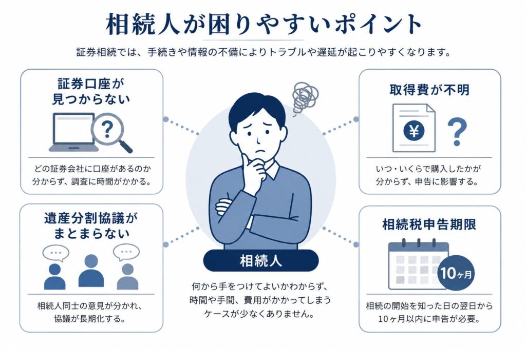 証券相続で相続人が困りやすいポイントを整理したインフォグラフィック。中央に悩んでいる相続人が描かれ、周囲に「証券口座が見つからない」「取得費が不明」「遺産分割協議がまとまらない」「相続税申告期限」がアイコン付きで配置されている。ネイビー・グレー・淡いブルーを基調にした士業サイト風デザイン。