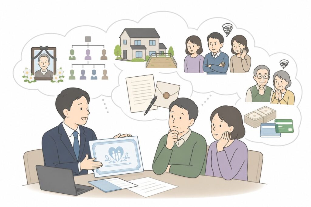 保険営業が生命保険を提案する一方で、家族関係や相続問題の複雑さが背景に広がっている様子を示したイラスト