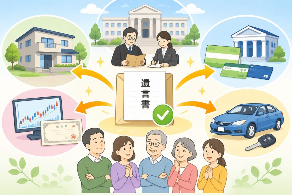 遺言書をもとに、不動産・預貯金・株式・自動車などの相続手続きへ進む流れを示したイラスト。