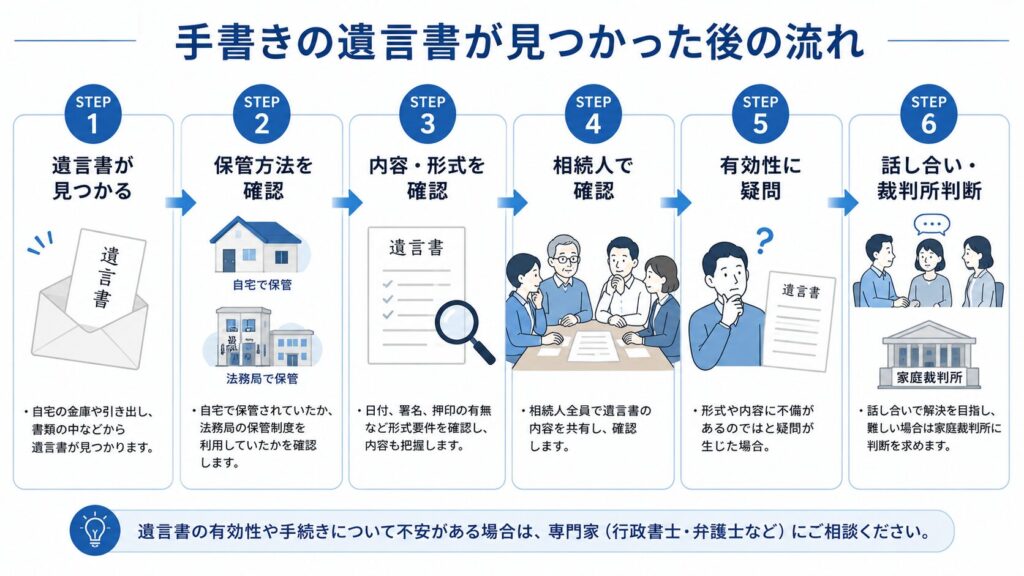 手書きの遺言書が見つかった後の流れを説明する日本向けインフォグラフィック。遺言書発見から、保管方法確認、内容確認、相続人での確認、有効性への疑問、話し合いや裁判所判断までを、矢印付きの6ステップで図解している。