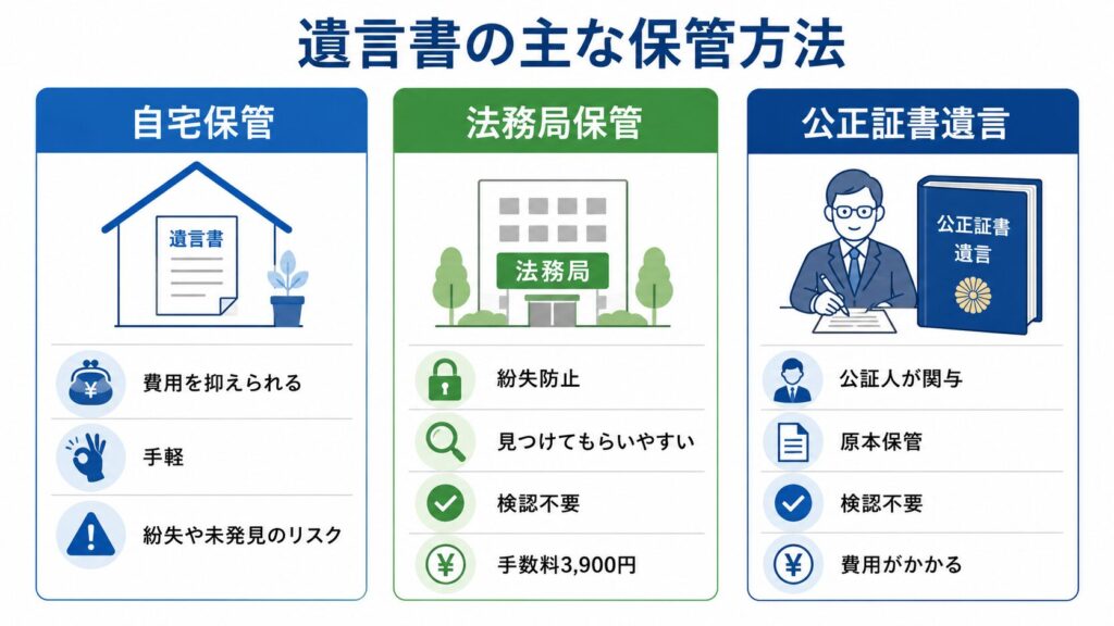 遺言書の主な保管方法を比較した図解。自宅保管、法務局保管、公正証書遺言の特徴やメリット・注意点を3列で分かりやすく整理している。