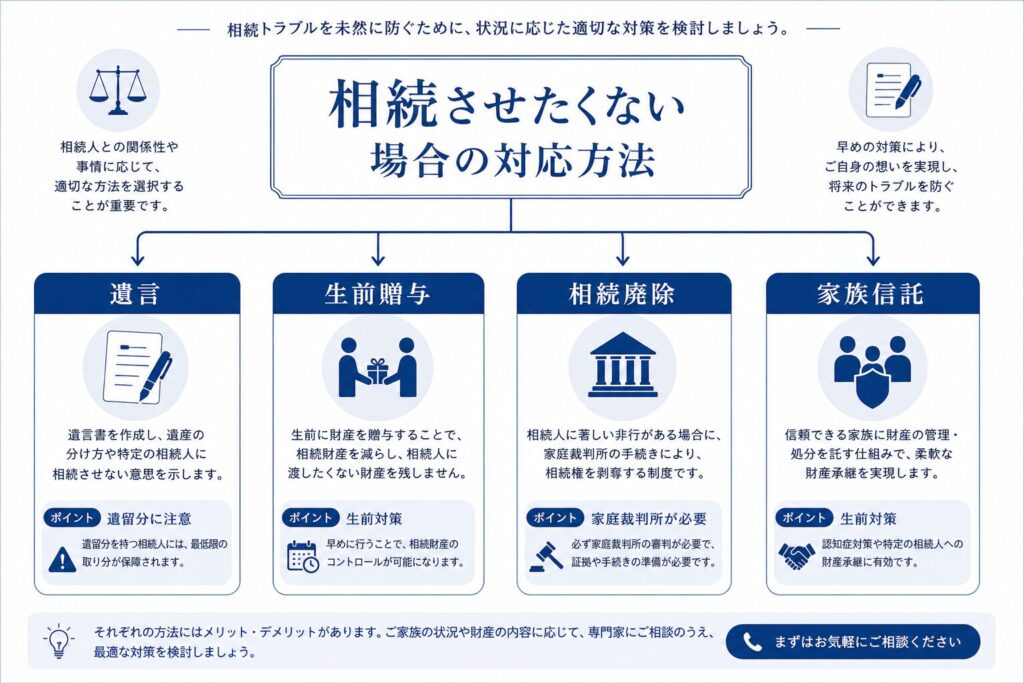 「相続させたくない場合の対応方法」をテーマに、遺言・生前贈与・相続廃除・家族信託の4つの方法と注意点を整理した相続対策インフォグラフィック。