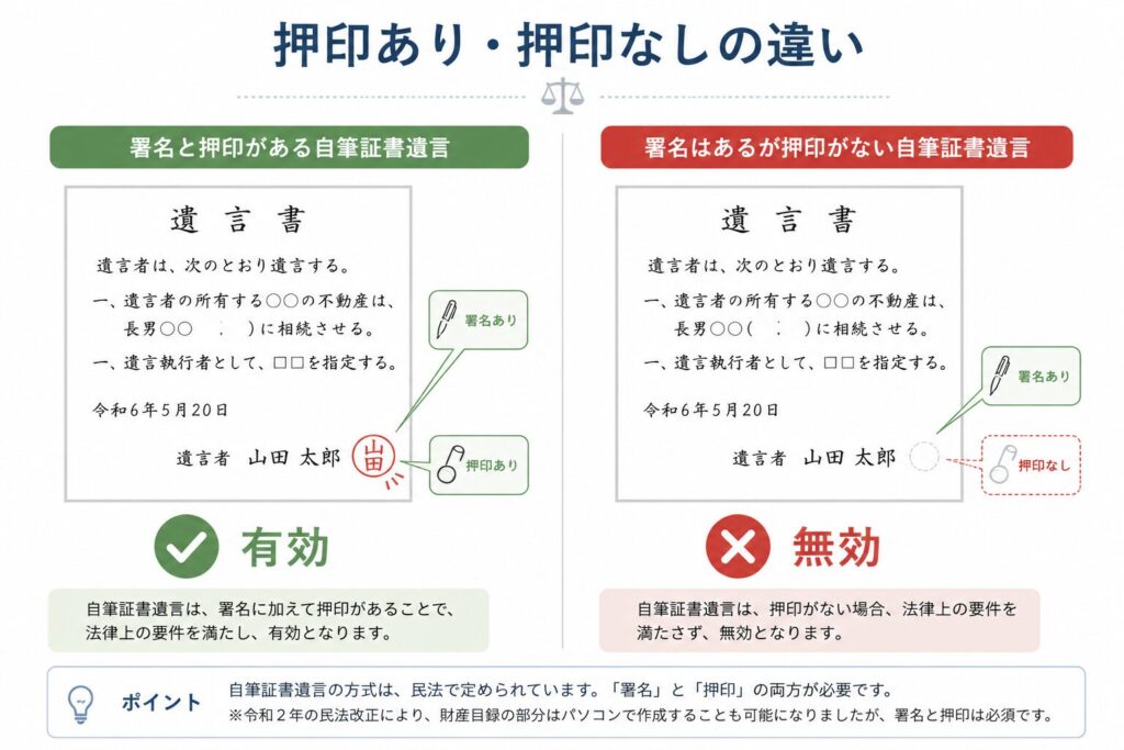 押印あり・押印なしの自筆証書遺言を比較した図解。左側は署名と押印がそろった有効な遺言書、右側は署名のみで押印がない無効な遺言書を表示している。