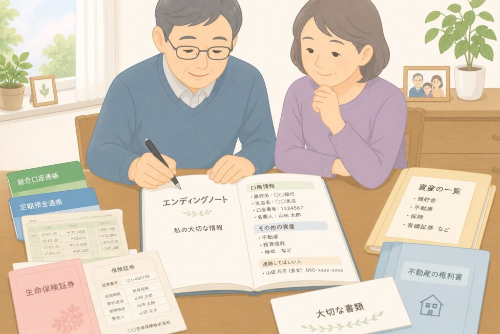 エンディングノートに銀行口座や資産情報を整理して記入している夫婦の様子