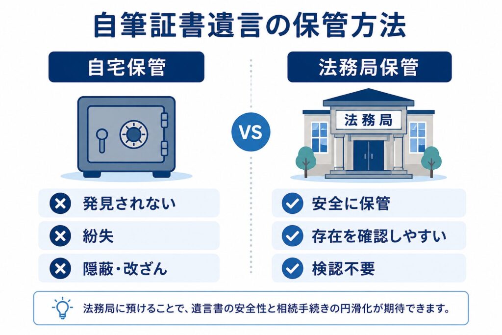 自筆証書遺言の保管方法を比較したインフォグラフィック。自宅保管と法務局保管を左右で比較し、自宅保管のリスクと法務局保管のメリットを分かりやすく整理している。