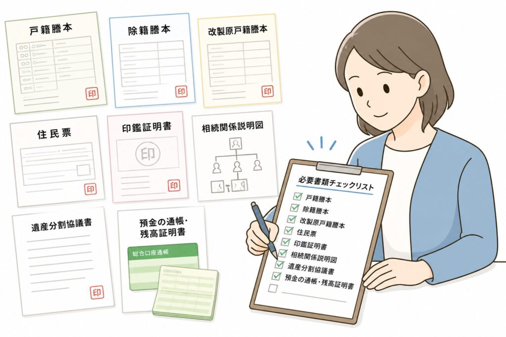 相続手続きの必要書類を確認し、チェックリストにチェックを入れている様子のイラスト。戸籍謄本や印鑑証明書などの書類が並んでいる。