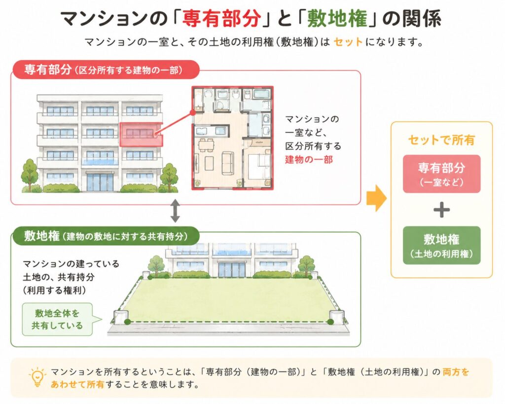 マンションの一室である「専有部分」と、建物が建つ土地の利用権である「敷地権」の関係を図解したイラスト。赤く表示された部屋と土地全体が矢印で結ばれ、セットで所有する仕組みを説明している。