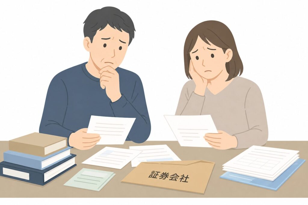 親が亡くなった後、自宅で書類整理をしている30〜40代の男女。証券会社の封筒を見て困っている様子