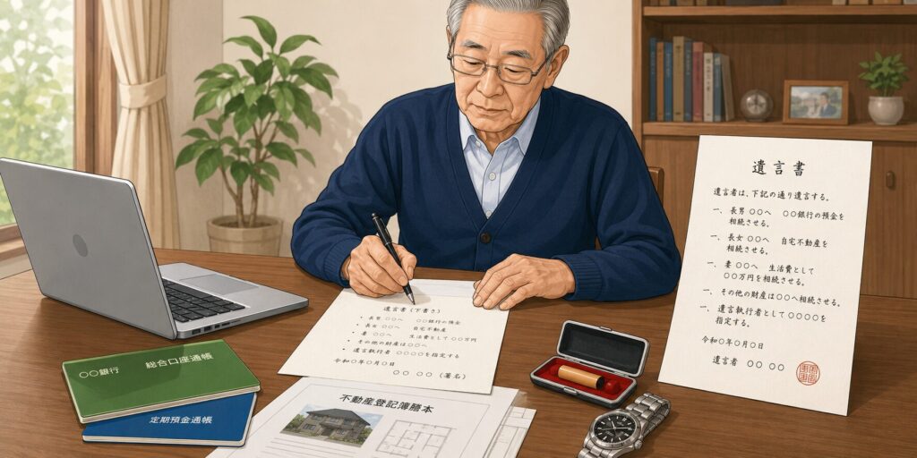 自筆証書遺言を作成する日本人の高齢男性。机の上にノートパソコン、通帳、不動産書類、印鑑、高級腕時計が並び、完成した手書きの遺言書が置かれている落ち着いた家庭風景。