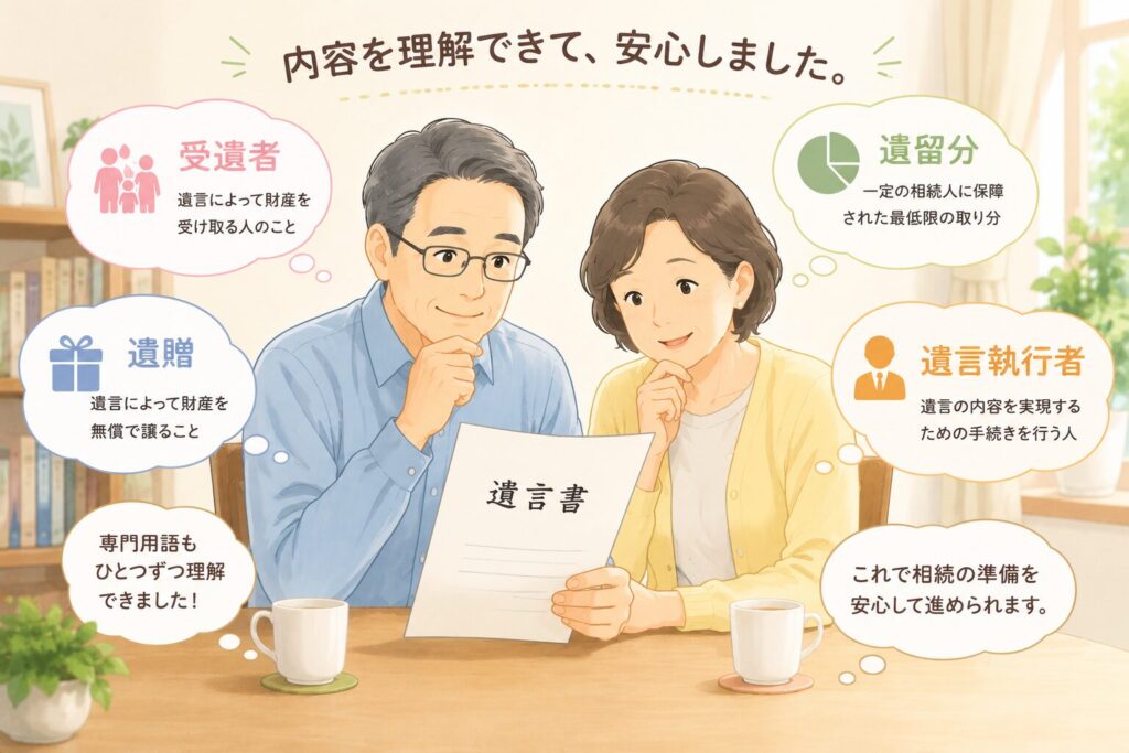 遺言書を読みながら相続に関する法律用語を理解し、安心した表情を見せる中高年夫婦のイラスト