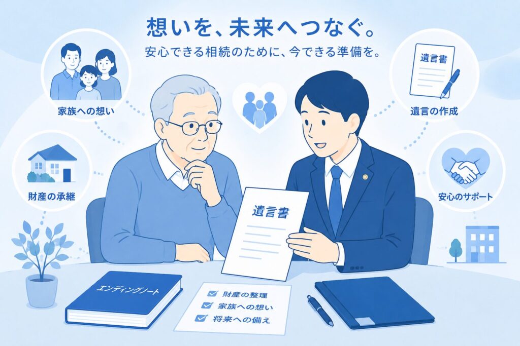 高齢者が行政書士と遺言書を確認しながら相続対策について相談しているイラスト
