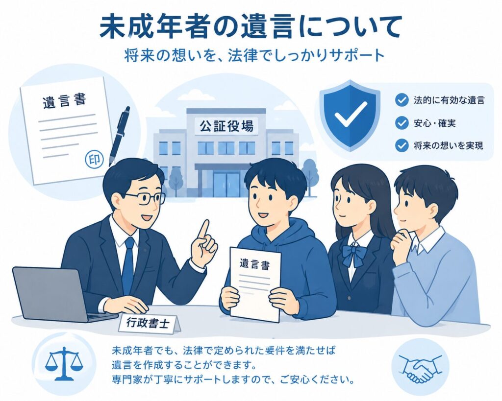 未成年者が行政書士から遺言について説明を受けているイラスト。15歳から18歳程度の若者が遺言書を持ち、公証役場をイメージした建物や遺言書のアイコンを背景に、遺言作成の要件について学んでいる。