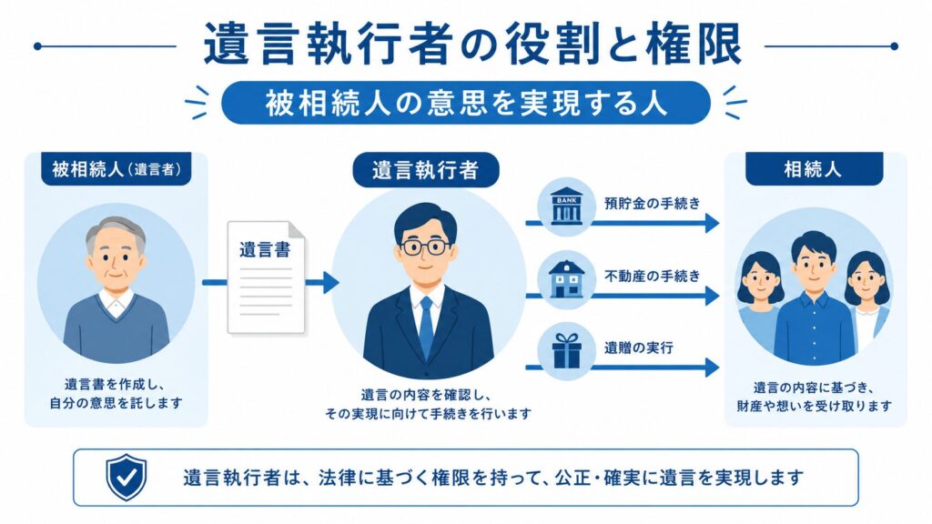 遺言執行者の役割と権限を説明した図解。被相続人(遺言者)から遺言書を受け取った遺言執行者が、相続人に対して預貯金の手続き、不動産の手続き、遺贈の実行を行う流れを示している。「被相続人の意思を実現する人」というキャッチコピー付き。
