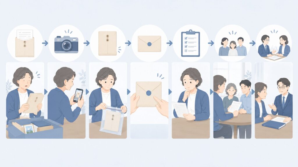 遺言書を発見した後の対応手順を示したフローチャート。発見、記録、保全、封印確認、内容確認、情報共有、専門家相談までの流れをイラストで表現している。
