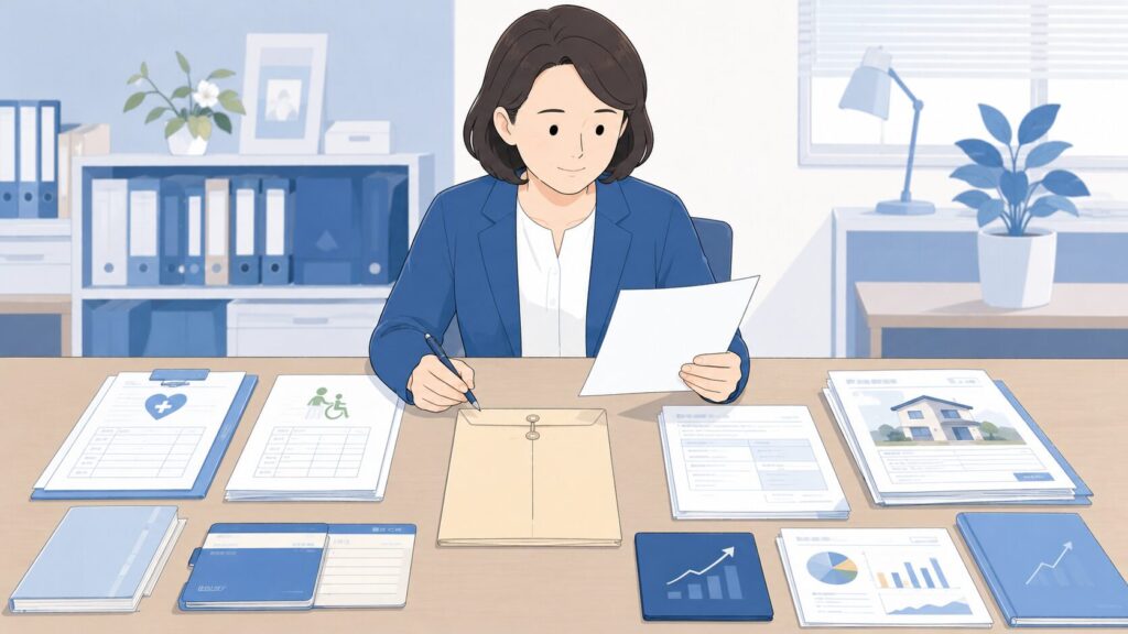 遺言書の有効性を確認するため、医療記録・介護記録・戸籍・財産資料・通帳などを整理して確認している専門家のイメージ