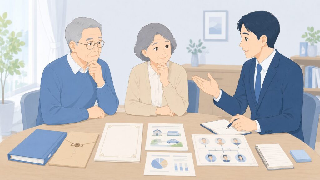 高齢の親と成人した子どもが専門家から遺言書について説明を受けている相談風景。机の上には遺言書、財産資料、家族関係図、メモ、封筒などが整然と並び、本人の意思を尊重しながら将来の相続対策について話し合っている様子を表現している。