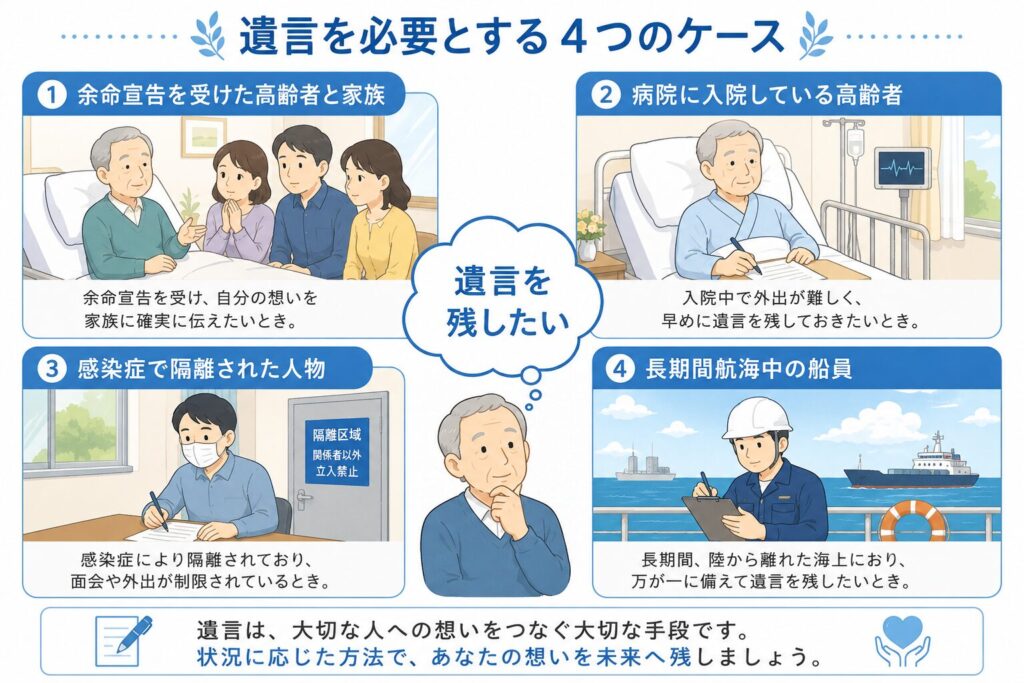 遺言を残したいと考える人の代表的な4つのケースを紹介したイラスト。余命宣告を受けた高齢者と家族、入院中の高齢者、感染症で隔離された人物、長期間航海中の船員が描かれ、中央に「遺言を残したい」という吹き出しが配置されている。