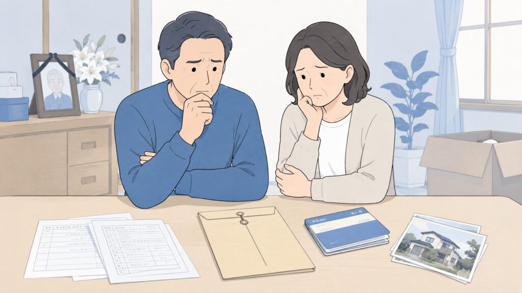 遺品整理中に見つかった遺言書を前に、不安そうに考える相続人と、机の上に置かれた戸籍資料・通帳・家の写真
