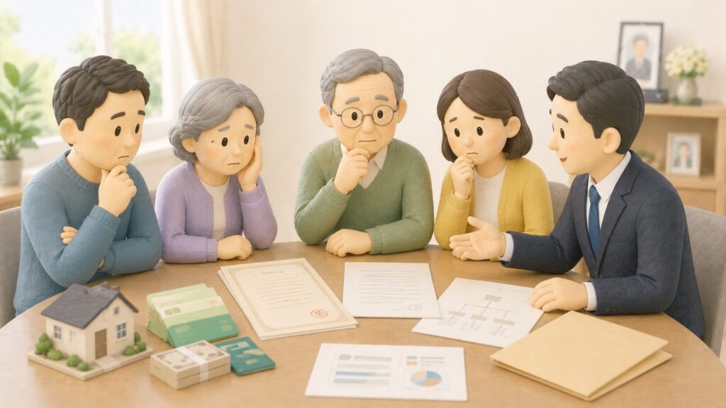 相続開始後に家族が遺言書と財産資料を確認し、専門家から説明を受けている相続手続きのイラスト