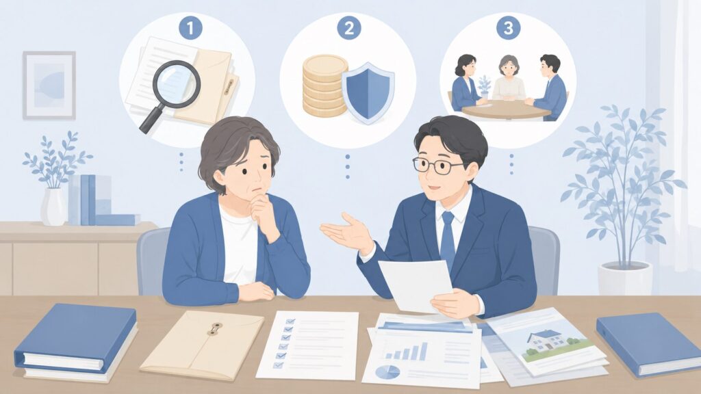 遺言書の内容に納得できない相続人が専門家と相談しながら、有効性の確認、遺留分の検討、相続人同士の話し合いという3つの対応方法を比較している様子。