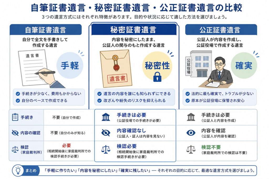 自筆証書遺言、秘密証書遺言、公正証書遺言の特徴を比較した図解。自筆証書遺言は手軽さ、秘密証書遺言は秘密性、公正証書遺言は確実性を強調し、それぞれの制度の違いを分かりやすく示している。